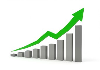 Green arrow graph showing upward trend with grey bars isolated on white background