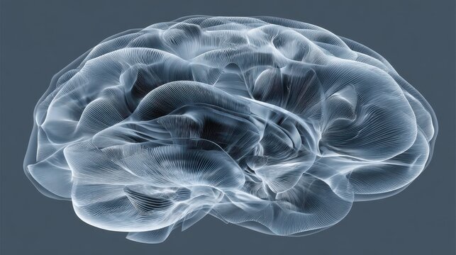 Abstract 3D Illustration of a Human Brain with Flowing Lines Design