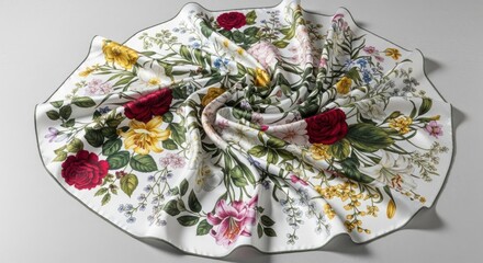 A floral tablecloth with intricate floral patterns and vibrant colors.