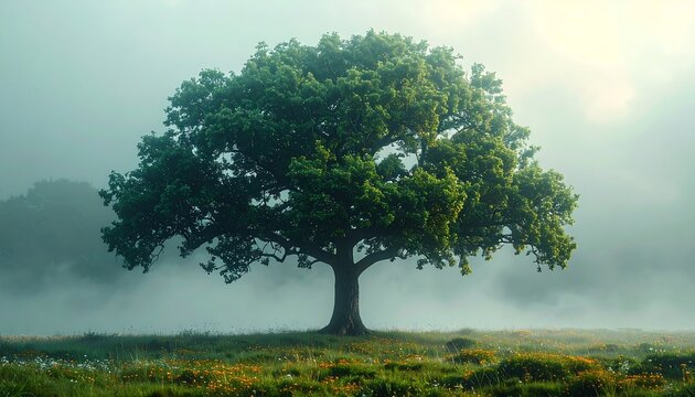Solitary tree in misty field at dawn - Powered by Adobe