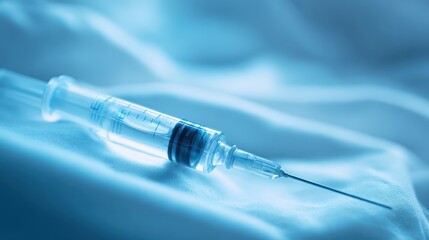 Transparent Syringe on Soft Fabric Near a Bright Blue Background