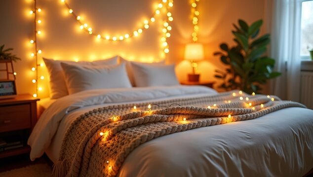 A cozy bedroom with a bed adorned with fairy lights and a knitted blanket, warm lighting from a lamp, and a plant by the window.