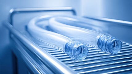 Transparent Tubes on Shelf in Clinical Setting under Blue Light