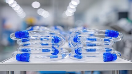 Transparent Tubes with Blue Caps Stacked in Modern Laboratory Setting