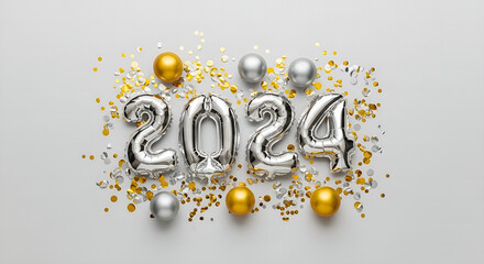 Festive Shiny Number 2024 Balloons with Confetti and Ornament Decoration