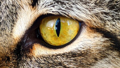Close-up photograph showcasing an eye, the golden iris and black pupil, amidst a coat of brown and grey fur