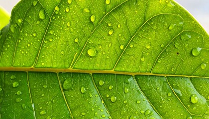 Fototapeta premium Close-up of a vibrant green leaf covered in water droplets (2)