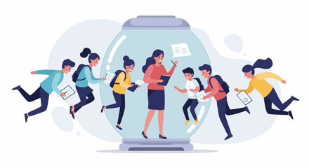 A female teacher stands inside a glass dome with students who are jumping and holding books, surrounded by a light blue background.