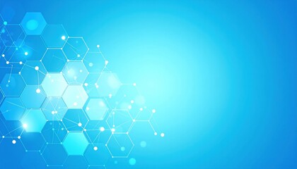 Abstract honeycomb structure on a gradient blue background, with connected nodes and glowing lights. It evokes science, technology, and connectivity