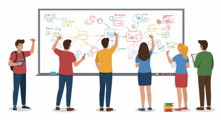 Obraz premium A group of six young adults collaborating on a whiteboard filled with colorful diagrams, brainstorming and sharing ideas.