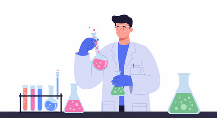 Man in a lab coat carefully pours liquid from a small flask into a larger flask, surrounded by other beakers and test tubes.