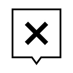 Obraz premium Black outlined square chat bubble with X mark, minimal cancel or error notification symbol for message, dialogue or app UI, PNG with transparent background
