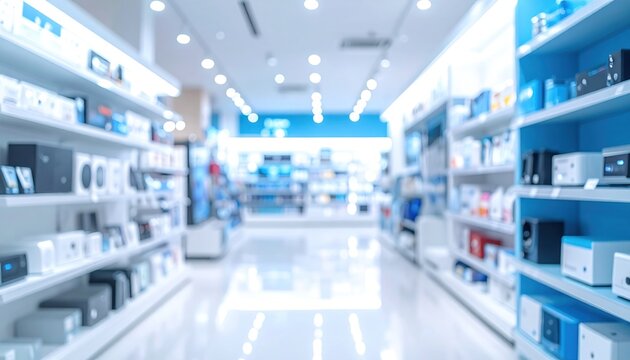 An out-of-focus wide shot of a brightly lit store aisle with electronic items displayed on shelves. Light blues & whites prevail