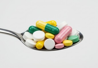 Assorted colorful pills and capsules piled on a spoon isolated on white background
