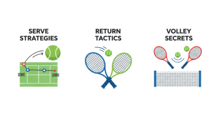 A vector illustration showcasing tennis strategies, return tactics, and volley secrets, depicted with graphic elements and text labels on a white background for instructional purposes.