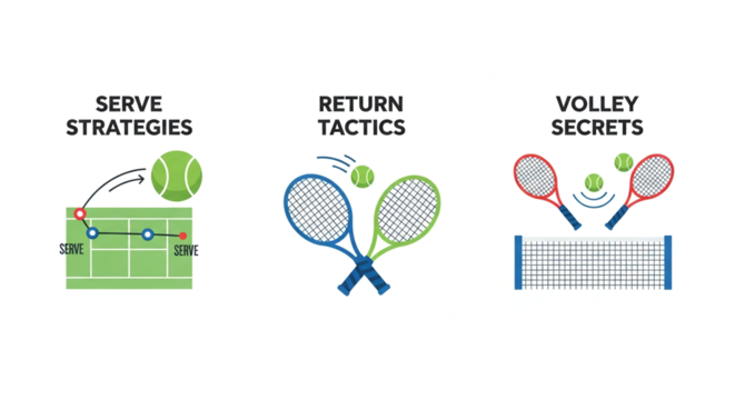 A vector illustration showcasing tennis strategies, return tactics, and volley secrets, depicted with graphic elements and text labels on a white background for instructional purposes.