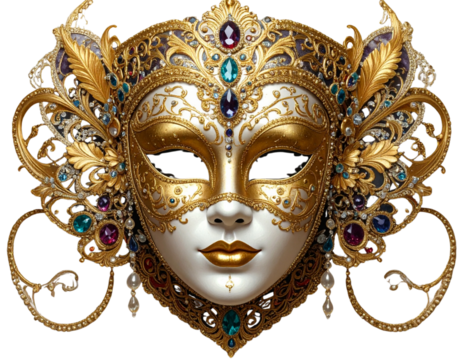 Ornate Venetian Mask with Gold and Jewel Details, Front View, isolated on transparent background PNG