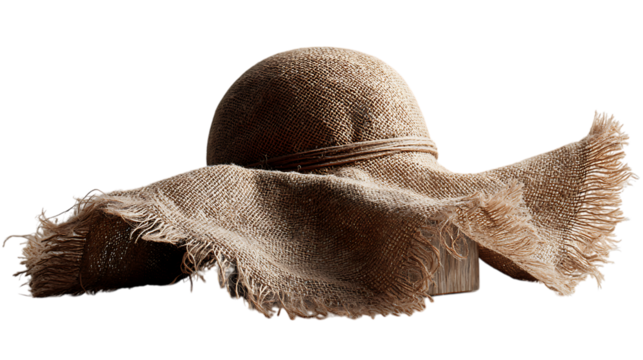 Woven straw sun hat with frayed brim isolated on transparent background