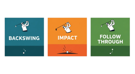 A graphic illustration showcases the three stages of a golf swing, highlighting the backswing, impact, and follow-through phases with a clean, modern design on a white background.
