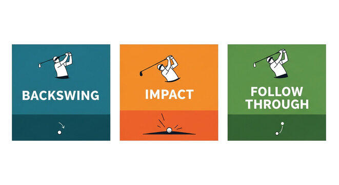 A graphic illustration showcases the three stages of a golf swing, highlighting the backswing, impact, and follow-through phases with a clean, modern design on a white background.
