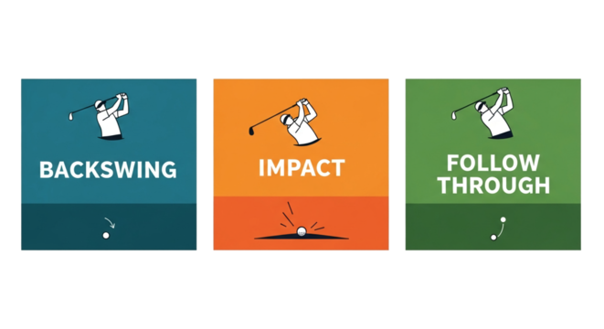 A graphic illustration showcases the three stages of a golf swing, highlighting the backswing, impact, and follow-through phases with a clean, modern design on a white background.
