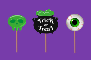 Halloween lollipop  set with bubbling cauldron with ‘Trick or Treat’ text, scull, spooky eyeball. Great for Halloween party backdrops, poster, flyer design