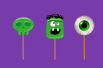 Fun Halloween candy set: scull, monster and eyeball lollipops on sticks, perfect for party favors, spooky treats, event décor, kids’ crafts, and seasonal graphics.