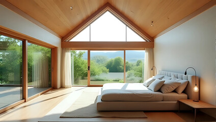 Bright modern bedroom interior : comfortable bed, wooden ceiling, beige wall, large windows overlooking garden, natural light - open view, minimalist design, serene cozy living space concept