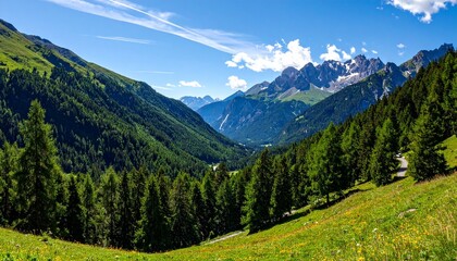 Obraz premium Verdant valley in the mountains under a blue sky with wispy clouds, showing a green meadow in the foreground, and mountain peaks in distance