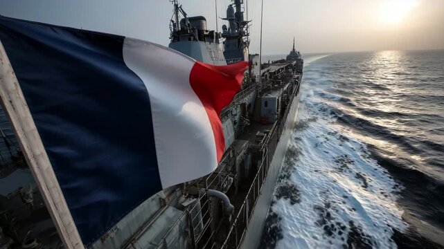 Aerial view of a French naval ship cutting through ocean waves, with the French flag prominently waving in the wind during a serene sunset.