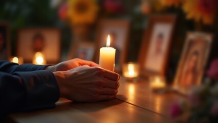 close up of human hands gently holding a burning candle in the darkness with warm glowing light symbolizing hope spirituality remembrance and peace concept of faith and memorial traditions