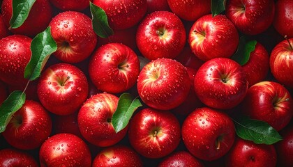 Fresh red apples with water droplets and green leaves