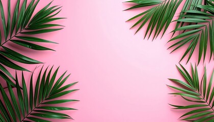 Tropical palm leaves arranged on a pink background