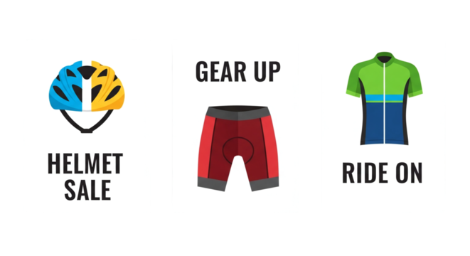 A vector graphic showcasing cycling gear, including a helmet, shorts, and jersey, with text promoting sales and encouraging riders to gear up and ride on for outdoor adventures.