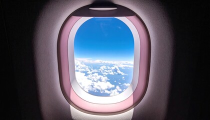 Airplane window view of a vast blue sky and fluffy clouds