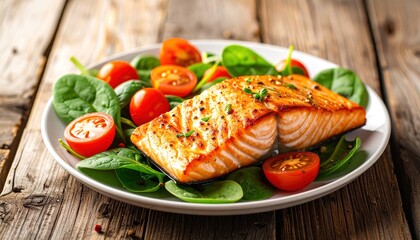 Grilled salmon with spinach and cherry tomatoes on a plate