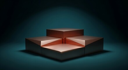 A modern, abstract geometric podium with a copper finish, illuminated by a spotlight against a dark teal background, suggesting achievement or display