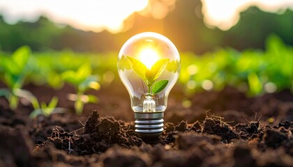 A lightbulb with a sprout inside, planted in soil, bathed in sunlight