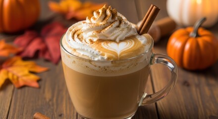 A pumpkin spice latte with whipped cream and a cinnamon stick in a clear glass mug on a wooden table with autumn leaves and pumpkins in the background.