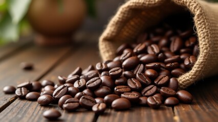 Fototapeta premium Coffee beans spilling from burlap sack, dark roasted coffee beans pouring onto rustic wooden table in closeup view. Concept of coffee production, cafe business, beverage marketing