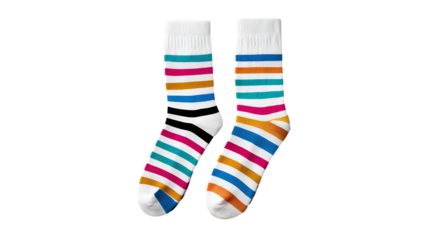 Pair of colorful striped socks isolated on transparent background