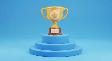 A cartoonstyle golden trophy with a star emblem sits proudly on a threetiered blue podium against a vibrant blue background, symbolizing victory and success
