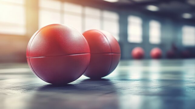 Two Red Basketballs on Court with Soft Lighting in Background