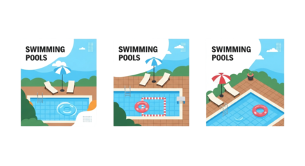 A collection of stylized illustrations depicts swimming pools with lounge chairs, umbrellas, and inflatable rings, perfect for summer vacation and leisure concepts.