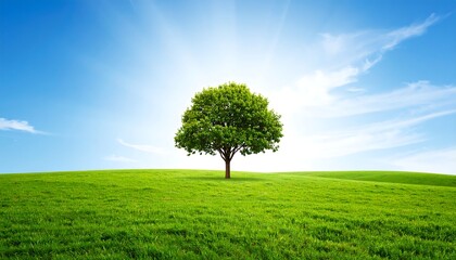 Solitary tree on verdant hill under bright sky