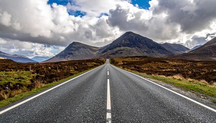 Open road leading to distant mountains under a partly cloudy sky