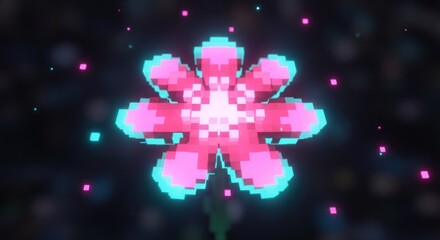 A vibrant, pixelated flower with pink and blue hues, set against a dark, starry background.