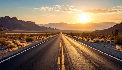 A vast, straight highway stretches into a vibrant sunset over a desert landscape