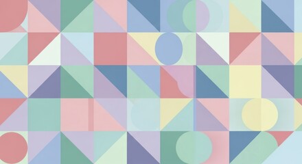 A colorful geometric pattern with pastel colors and shapes.