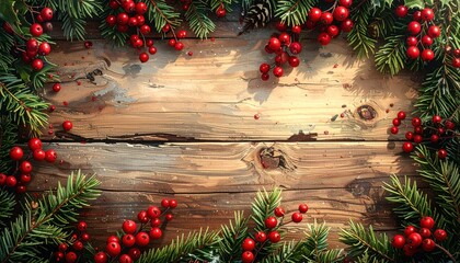 Rustic wood planks framed with pine branches and red berries, creating a festive, textured, and natural background for holiday themes
